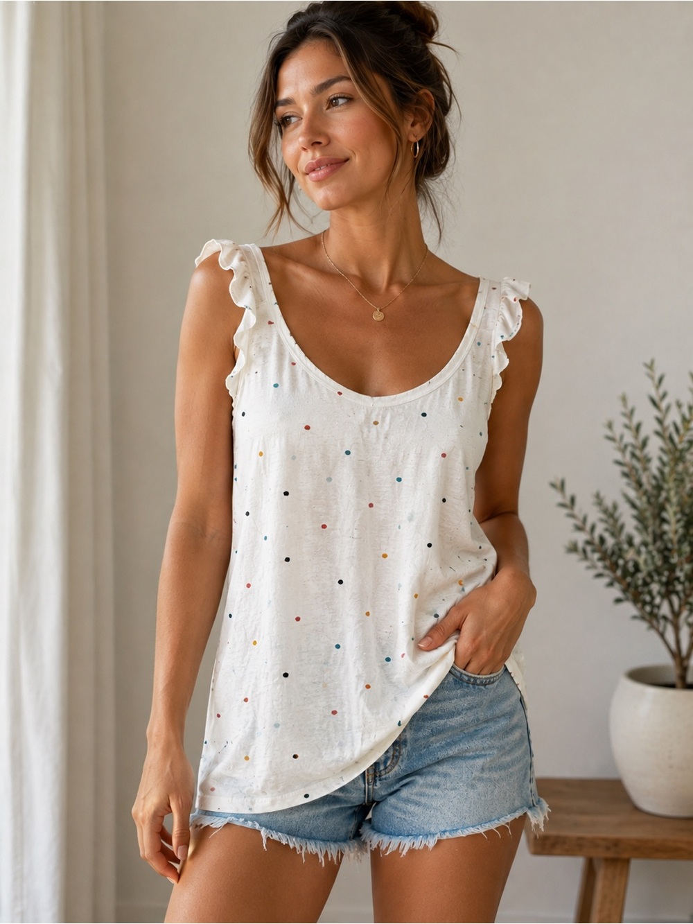 LOFT Women’s Large White Multicolor Polka Dot Ruffle Strap Tank Top